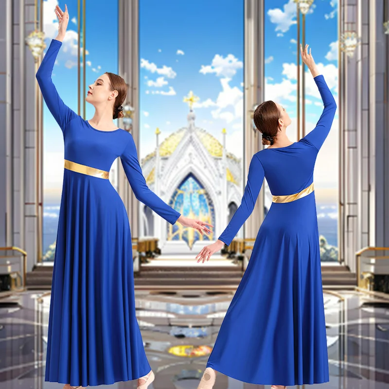 Женское свободное платье с длинными рукавами в полный рост, платье для современного танца для взрослых, костюм для поклонения, литургический металлический костюм, танцевальное платье