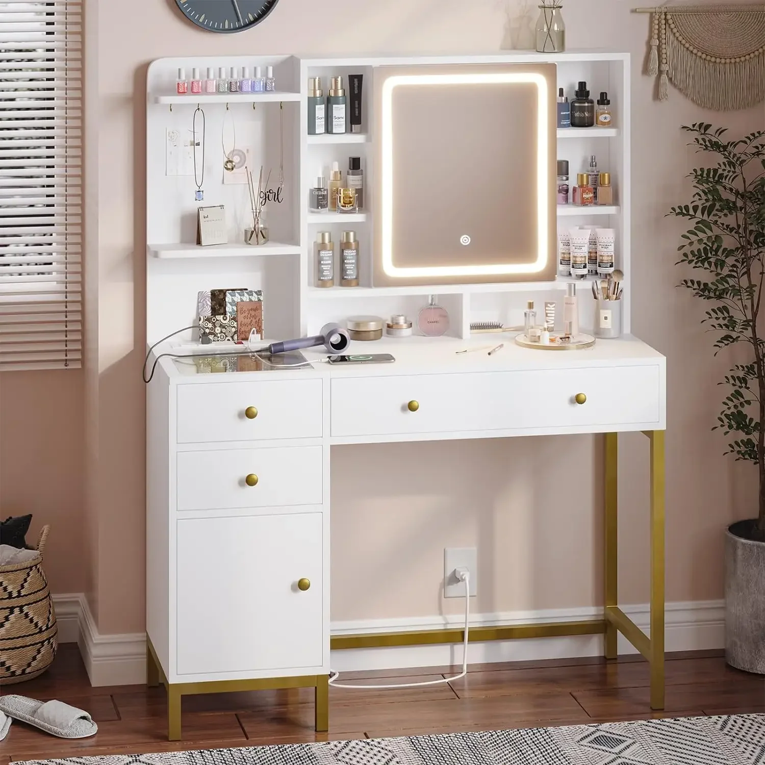 Makeup Vanity with Lights in 3 Colors White Vanity Desk with Mirror and Lights Vanity Table with Charging Station Makeup Desk