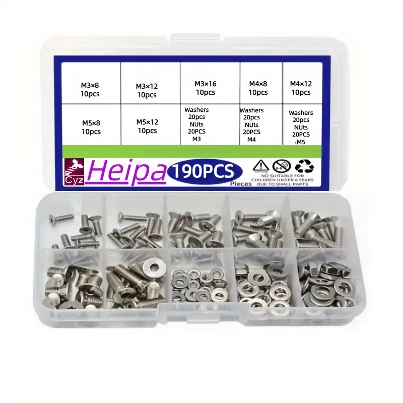 

190pcs 304 Stainless Steel Countersunk Hex Socket Screws - Metric Sizes M3 M4 M5 - Length 8mm to 16mm Smooth Finish