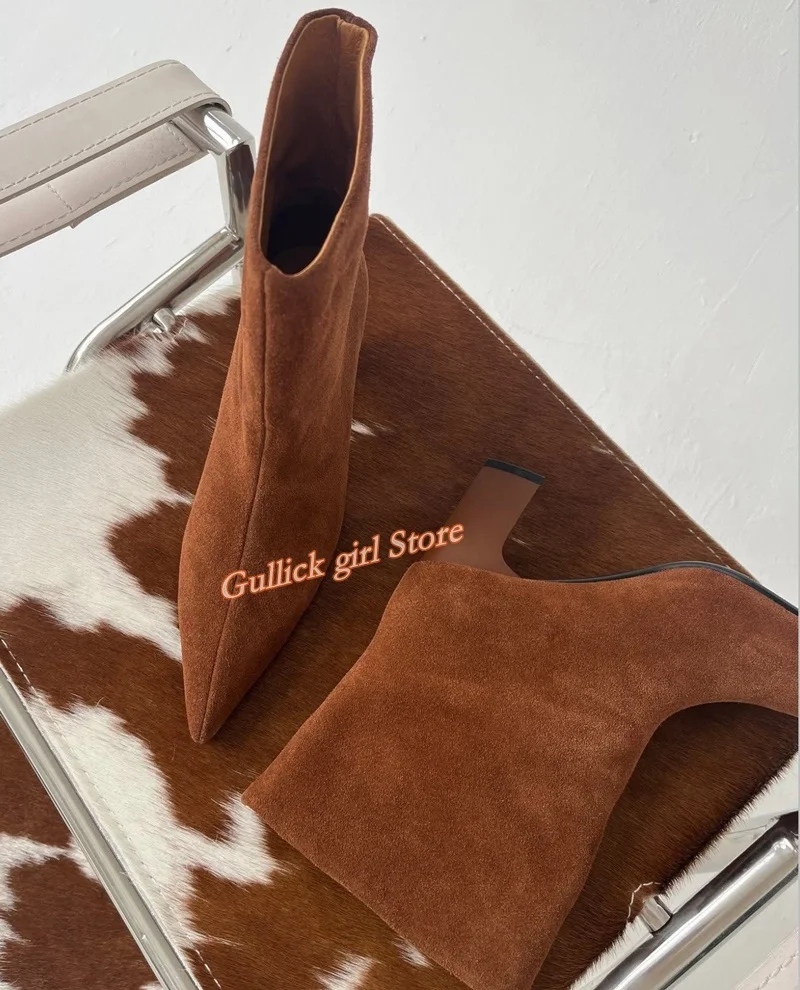 

Suede Brown Slip On Ankle Booties Sexy Pointy Toe Block High Heel Solid Black Fashion 2026 Winter Autumn Women Dress Shoes