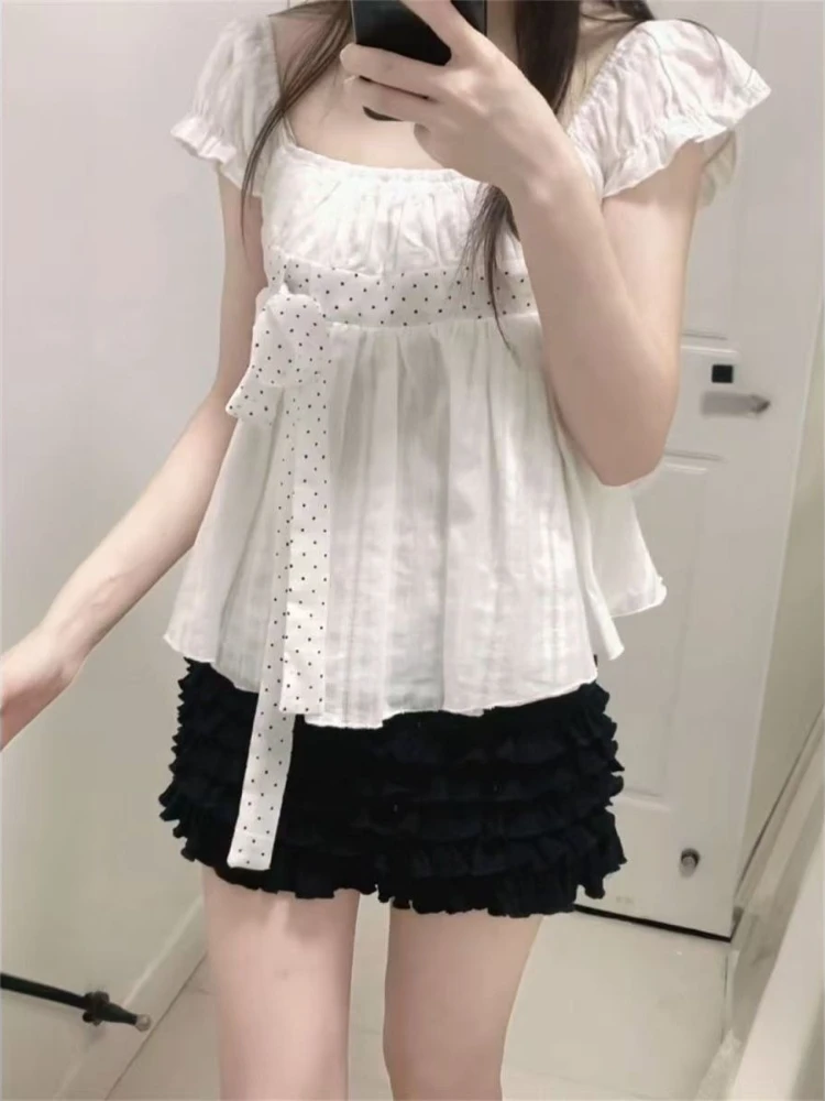 Cute Korean Fashion Polka Dot Bow Puff Sleeve White Black 2-piece Set Blouse Ruffle Shorts Women Girls Daily Streetwear Outfit - view 2