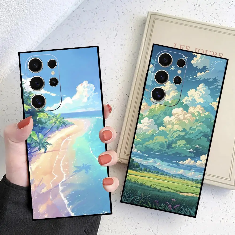 White Cloud Wind Chime Phone Case For Samsung Galaxy S24 S23 S22 S21 S20 Ultra FE Plus M55 M54 Black Case Cover