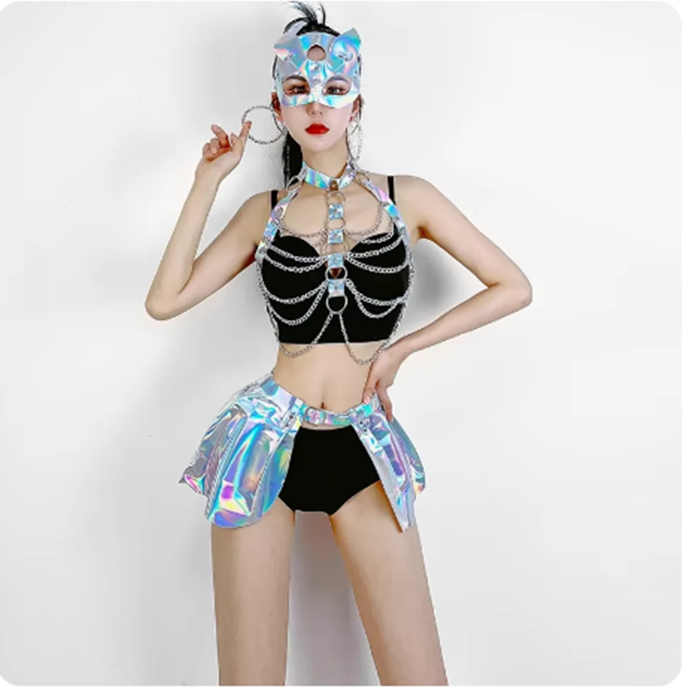 Pole Dance Costume Adult Nightcluba Bar Jazz Dance Wear Sexy Gogo Dancer Clothing Female Party Rave Wear Tops Shorts Mask