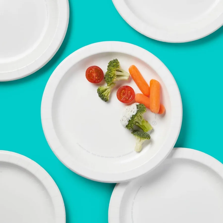 8.5 Inch White Paper Plates, 55 Count, Solid Round Disposable Dinnerware for Parties and Daily Meals