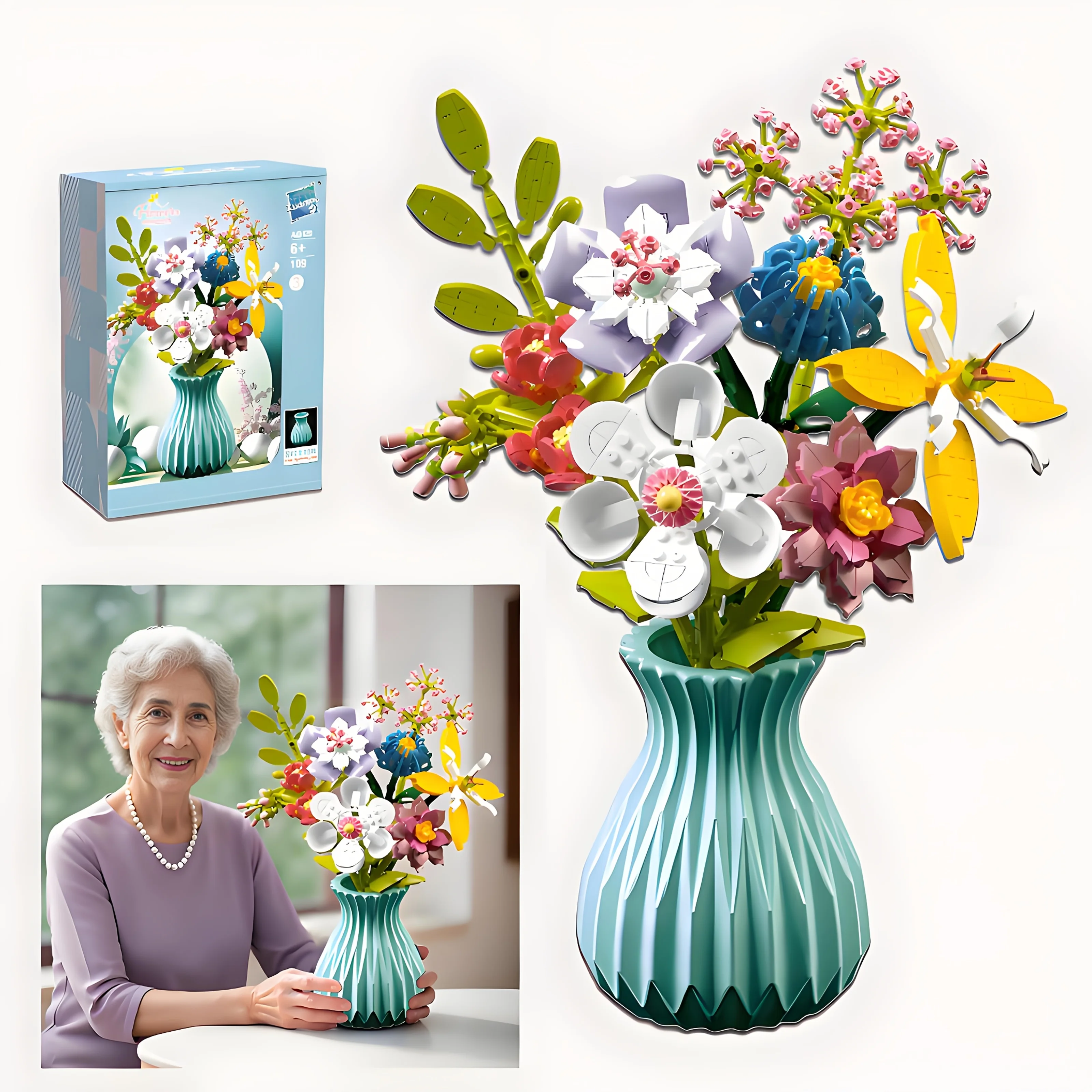 

Bouquet building blocks with vase, artificial flowers, flower bouquet model building blocks, home decorations Mother's Day gift.