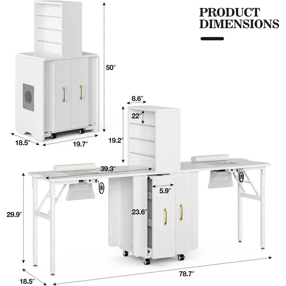 Tavolo manicure pieghevole bifacciale con raccoglitori di polveri, ripiani, cassetti e cuscino da polso (bianco)