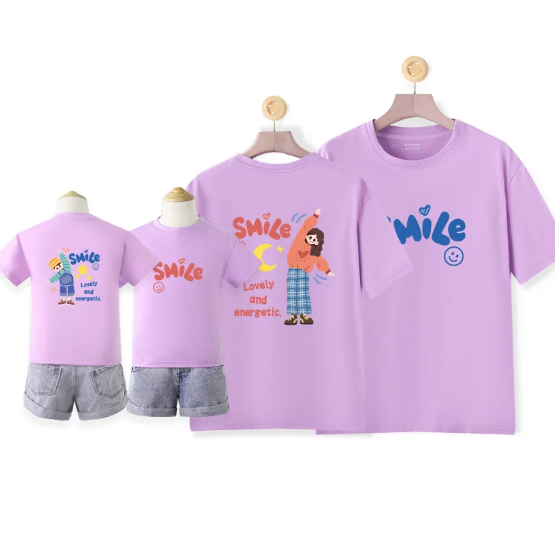 New Korean Family Matching Outfits Cotton T-shirt Mother Daughter Kids Baby Cartoon Tops Parent-child Outfits Summer Casual Tees