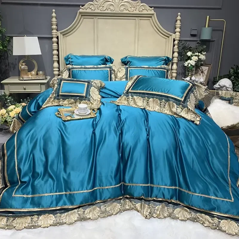 European Style Fancy Cotton Embroidery Lace Comforter Cover Blue Bed Sheet Bedding Sets Supplier