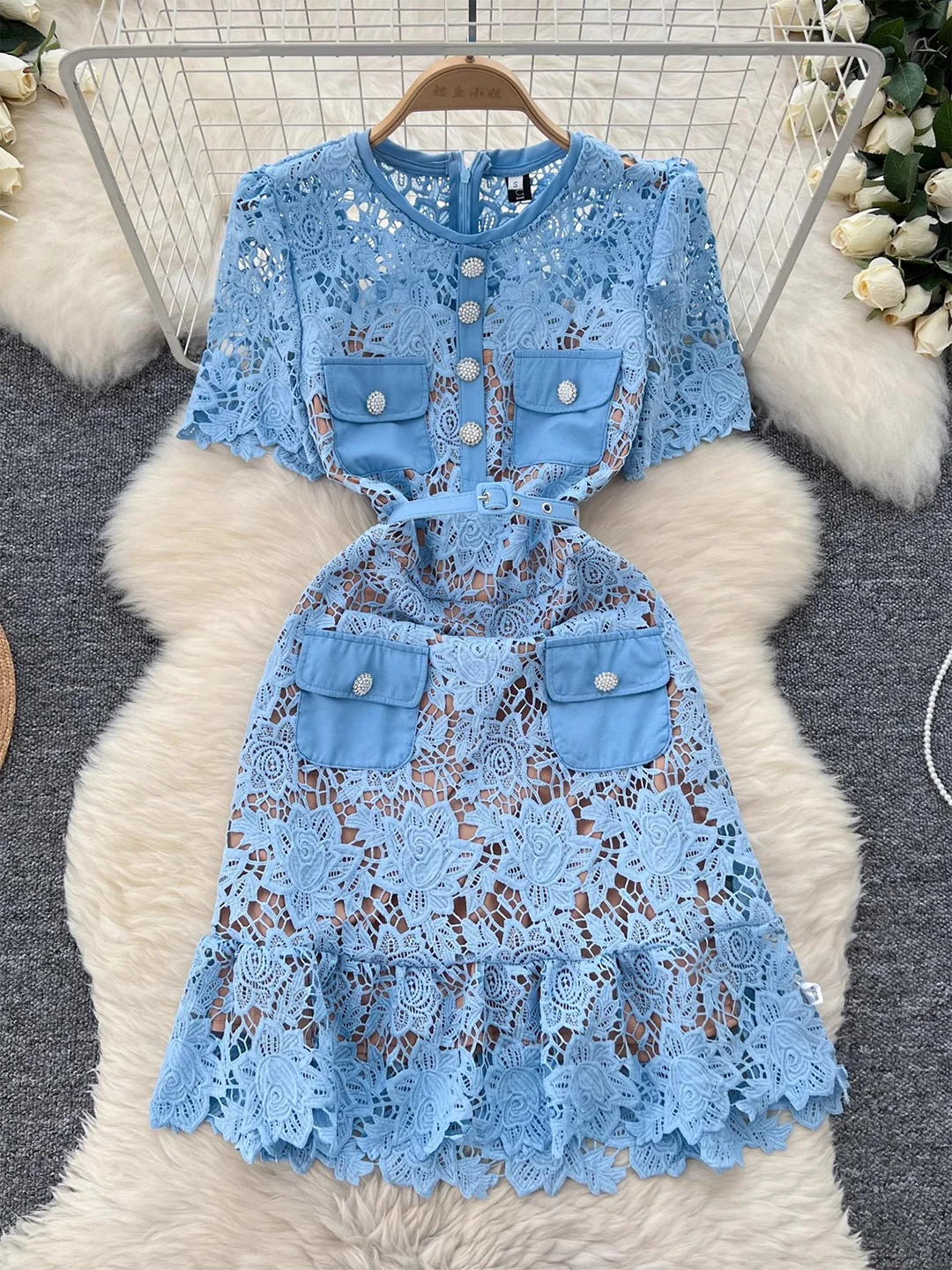 Croysier Short Dresses 2025 Women Summer Short Sleeve Lace Dress With Mock Packets Round Neck Tie Belt Cutwork Embroidery Dress