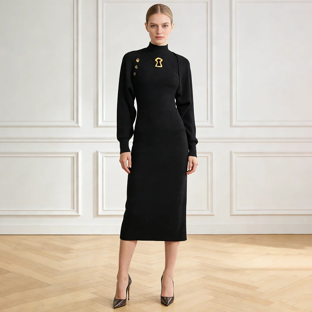 Slimming Knit Two Piece Sets for Women Stand Collar Sleeveless Long Dresses Cardigan Long Sleeve Coat Elegant Set Female New