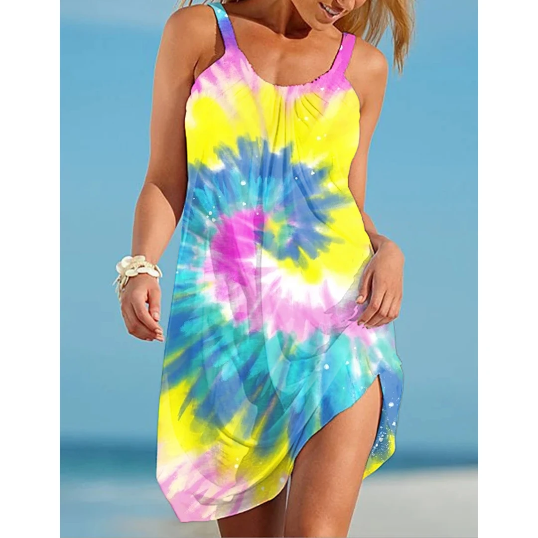 Summer Tie Dye 3D Print Beach Dress Women Fashion Elegant Sleeveless Dresses Hawaii Party Beachwear Girl Woman Sling Night Dress