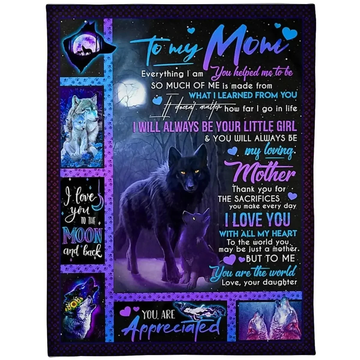 Personalized to My Mom /Nephew, Niece Fleece Blanket from Daughter Print Wolf Family Sweet Message I Love You to The Moon