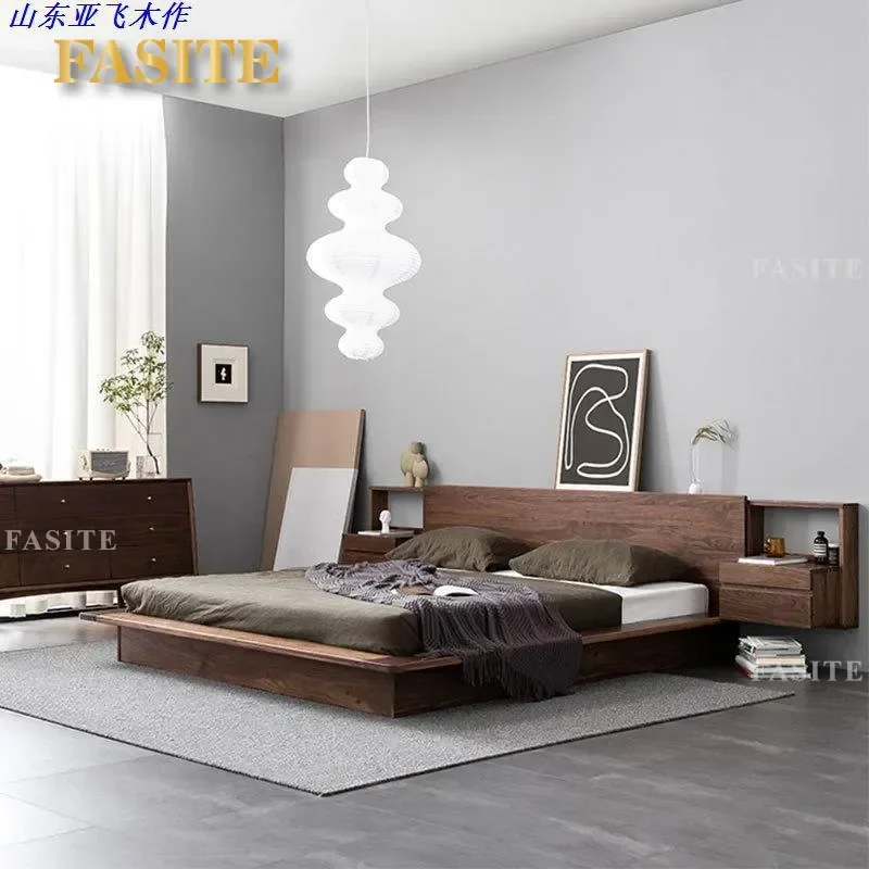 For 1.8m Japanese Style Solid Wood Black Walnut Tatami Bed Simple Modern Nordic Log Double Bed for Bedroom Marriage Use