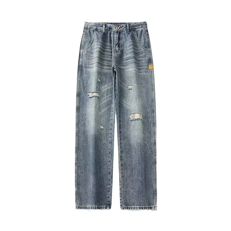 New Men's Ripped Jeans Baggy Straight Fashion Vintage Blue Denim Pants Personality Streetwear Hip Hop High Quality Male Trousers