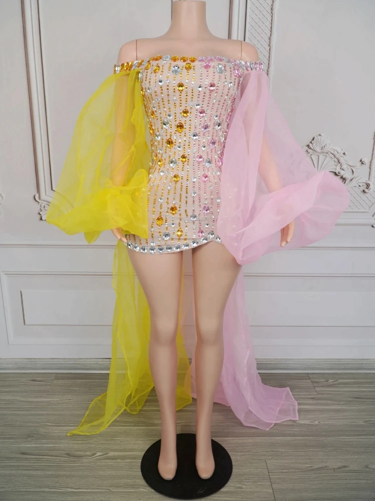 Sexy Strapless Full Diamond Dress Trailing Party Dress Nightclub Bar Dj Performance Costumes Women Gogo Dancers Dress DN20224