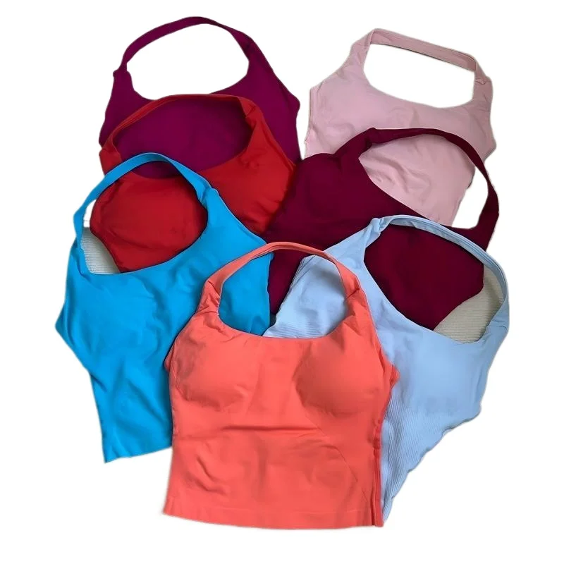 

Женский бесшовный топ-халтер с открытой спиной, длинный, на бретелях, с подкладкой, со встроенным бюстгальтером и съемными чашечками, для фитнеса и йоги