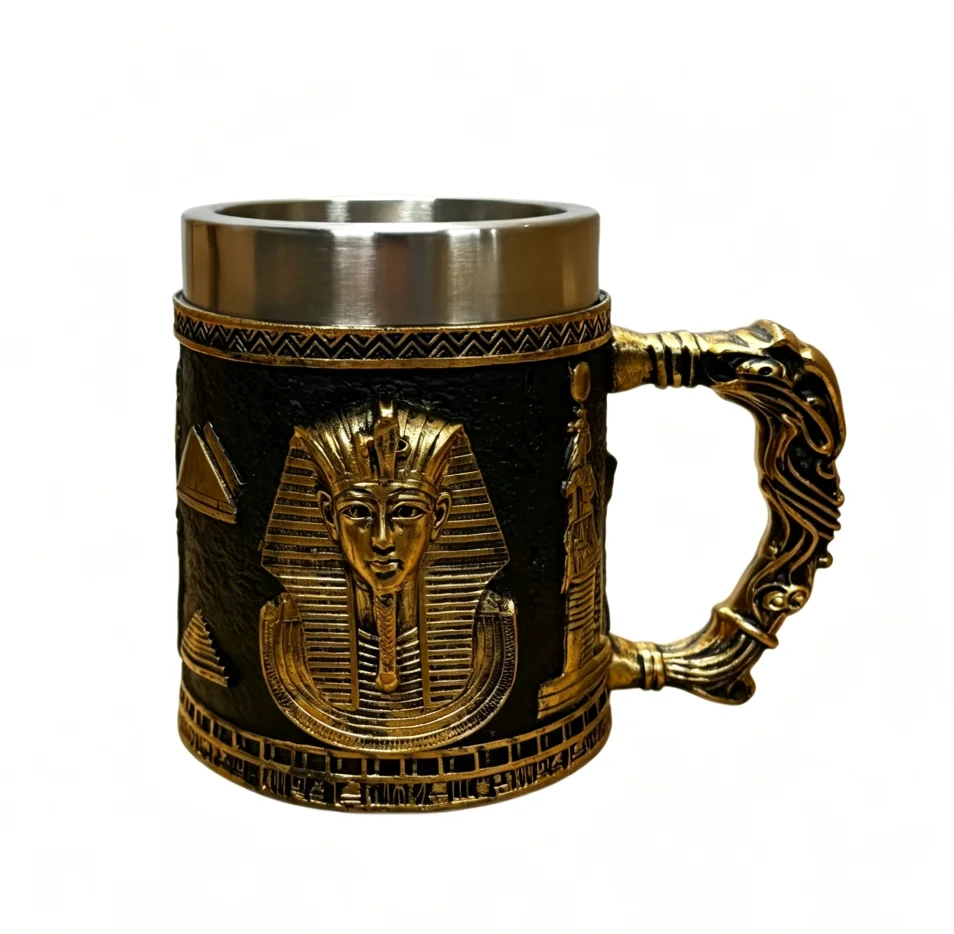 Ancient Egyptian Hieroglyph Beer Mug, Handmade Resin Tankard with Stainless Steel Liner, Bar Decor Souvenir Gift for Men