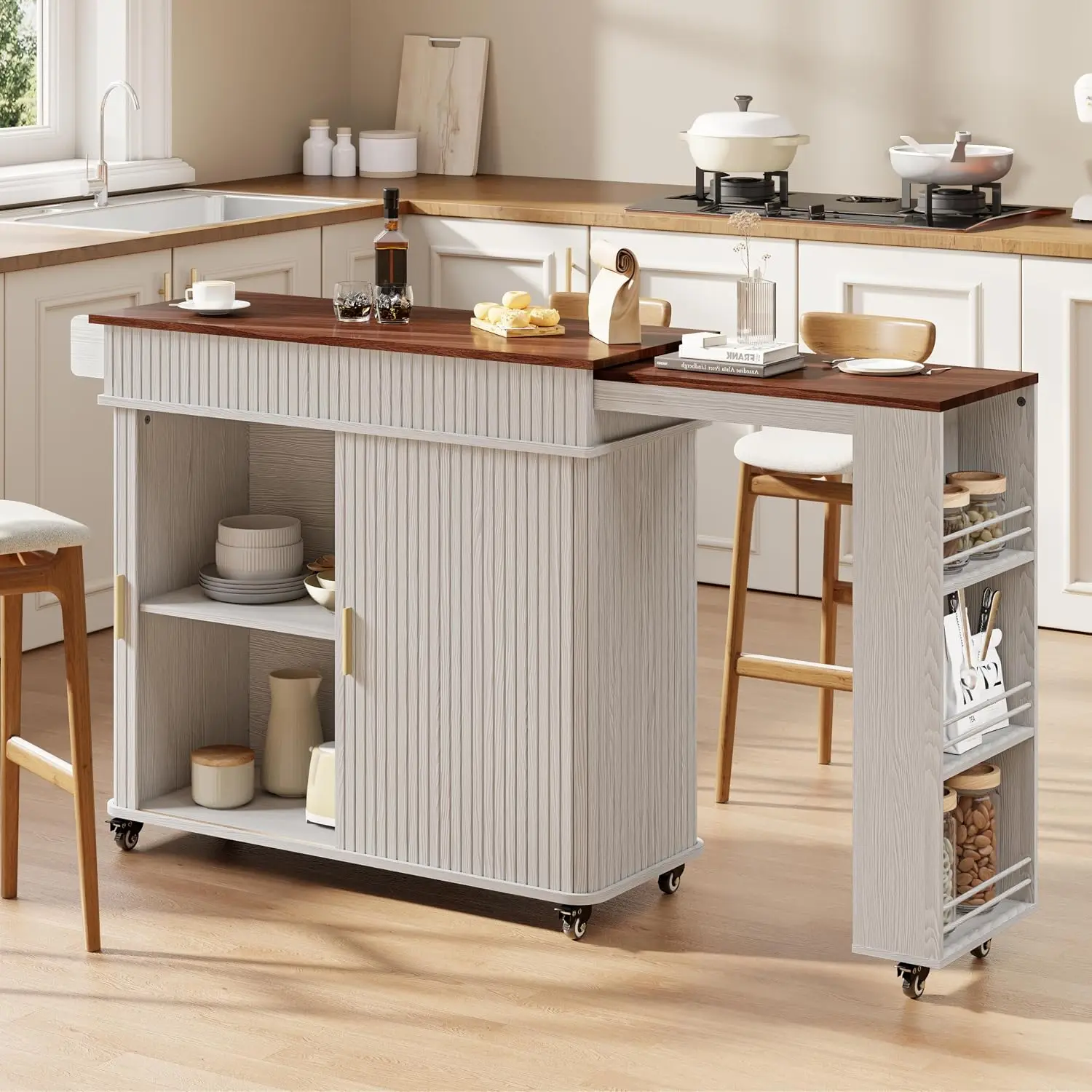 Rolling Kitchen Island Cart with Extendable Table & Sliding Door, White, Customized