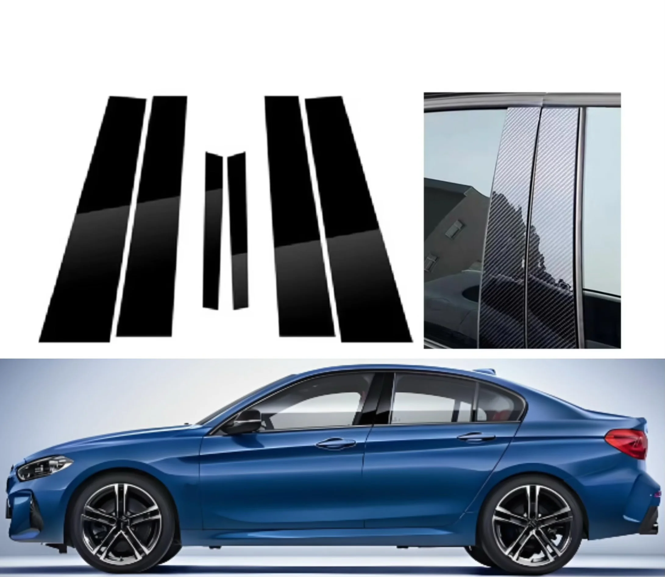 

6PCS Gloss Black Silver Carbon Trim Pillar Posts Fit For BMW 1-Series 4-Door Sedan 2017-2023 Window Door Moulding Cover
