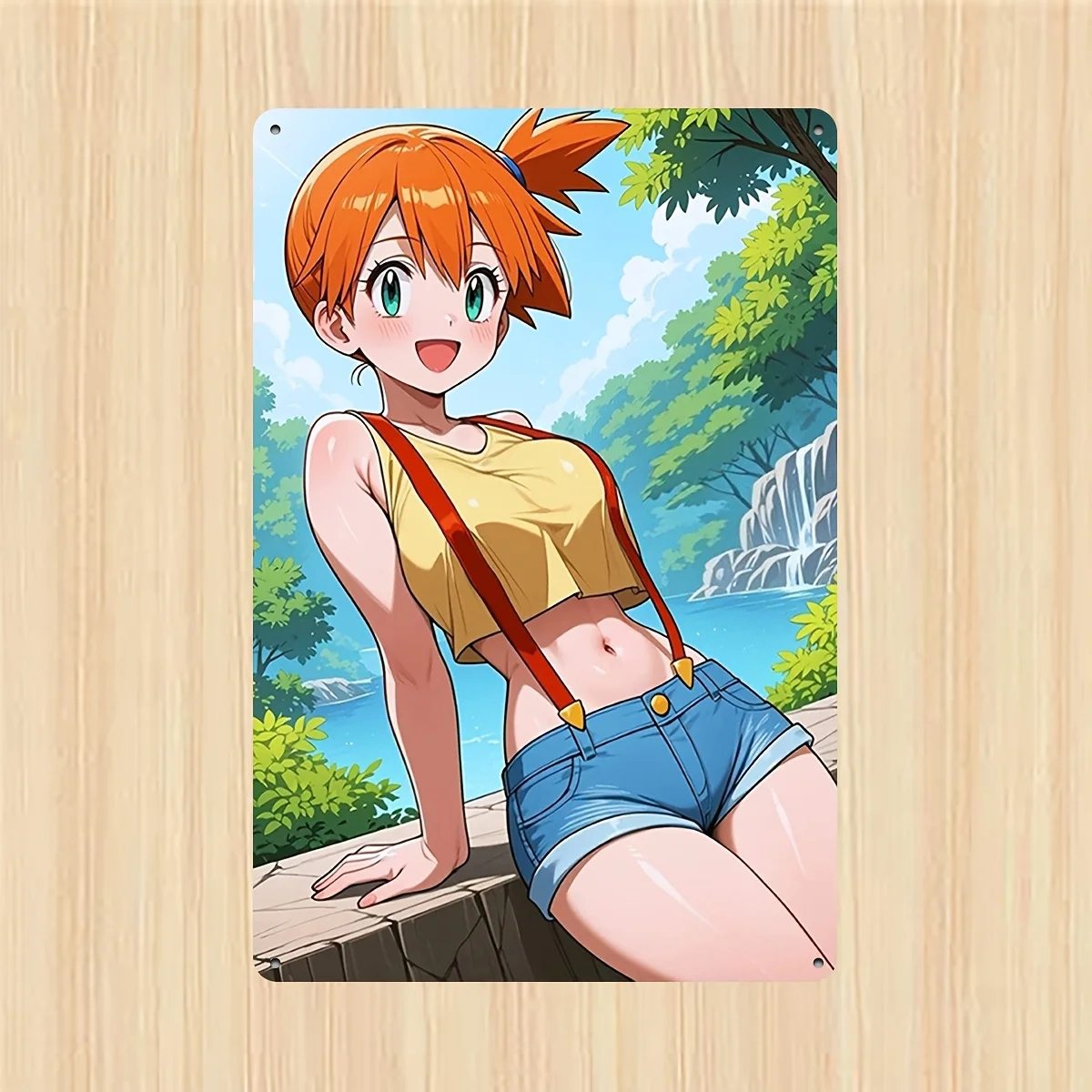 Letrero artístico de pared de metal Pock Elf Fan, póster de personaje de anime vibrante con diseño de cascada y vegetación, perfecto para cueva de hombre y bar