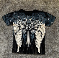 Xzavier Gothic Angel Wings Cross Printed T-Shirt Blue Unisex Cotton Short Sleeve Tee Hip Hop Retro Streetwear Casual Top for Men