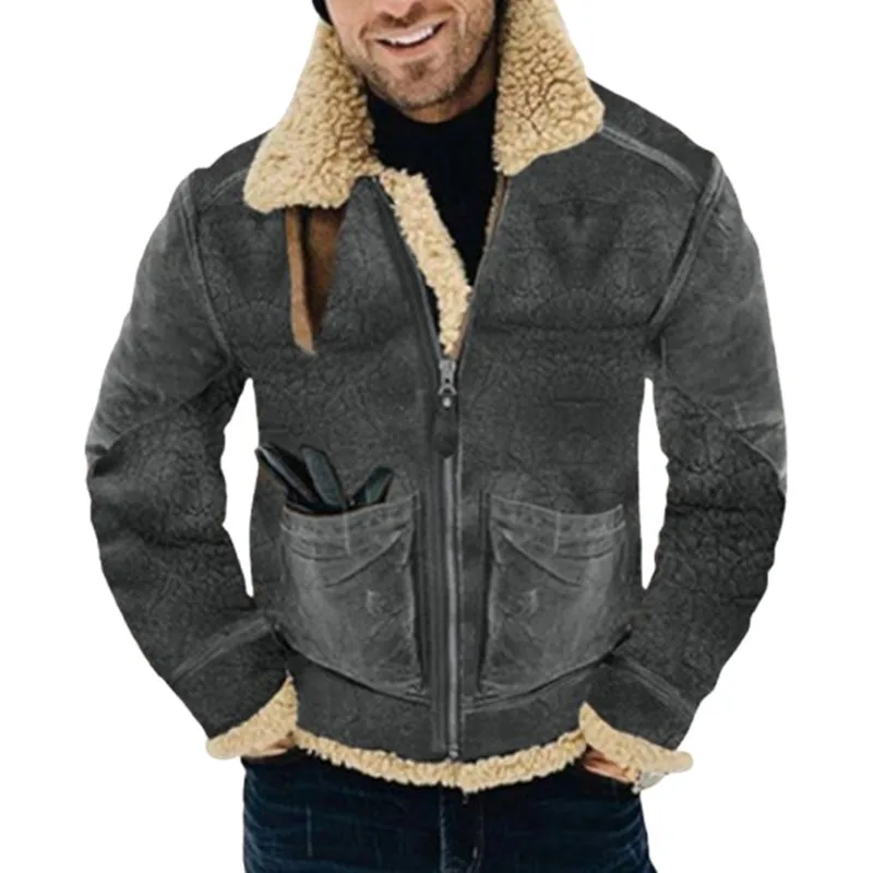 Winter Thick Men's Jacket Warm Faux Leather Warm Coats Fashion Turn Down Collar Contrasting Color Man Suede Fur One-Piece Jacket