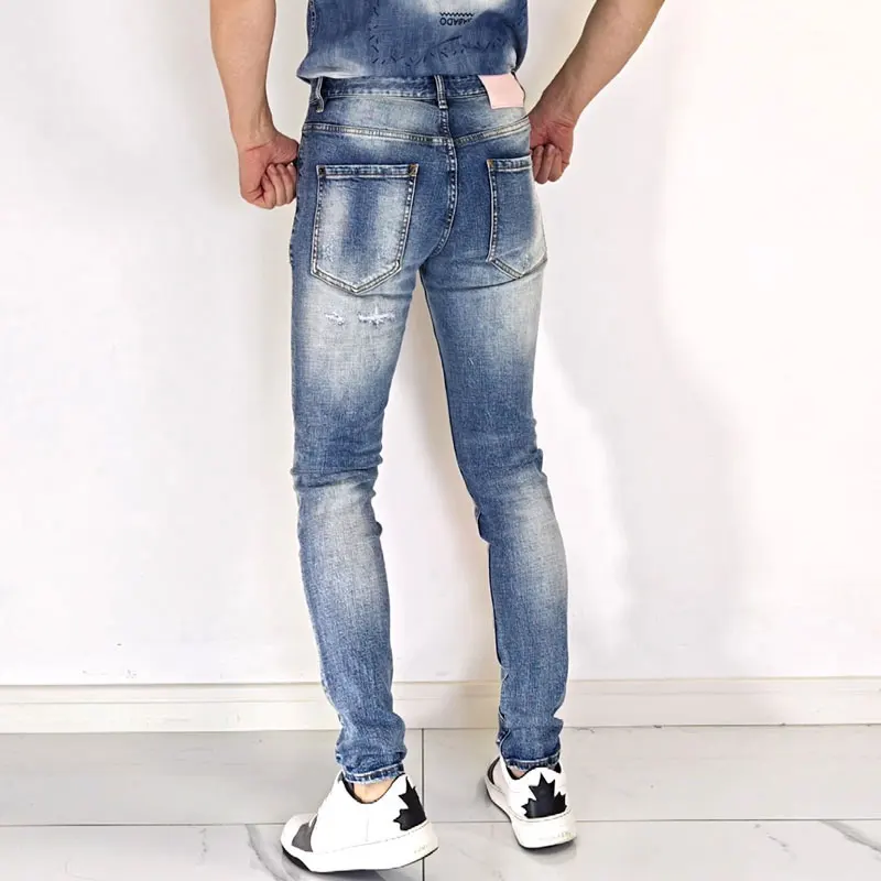 Fashion New High Quality Men's Jeans, Washed, Nostalgic,Y2K Elastic, Slimming, Scratched, Blue Jeans, High Street Hip Hop