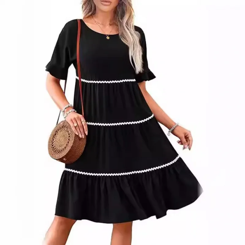 

Women's Dress 2025 Casual Pleated Lace Trim Short Sleeve Loose Flowing Beach Vacation Dress