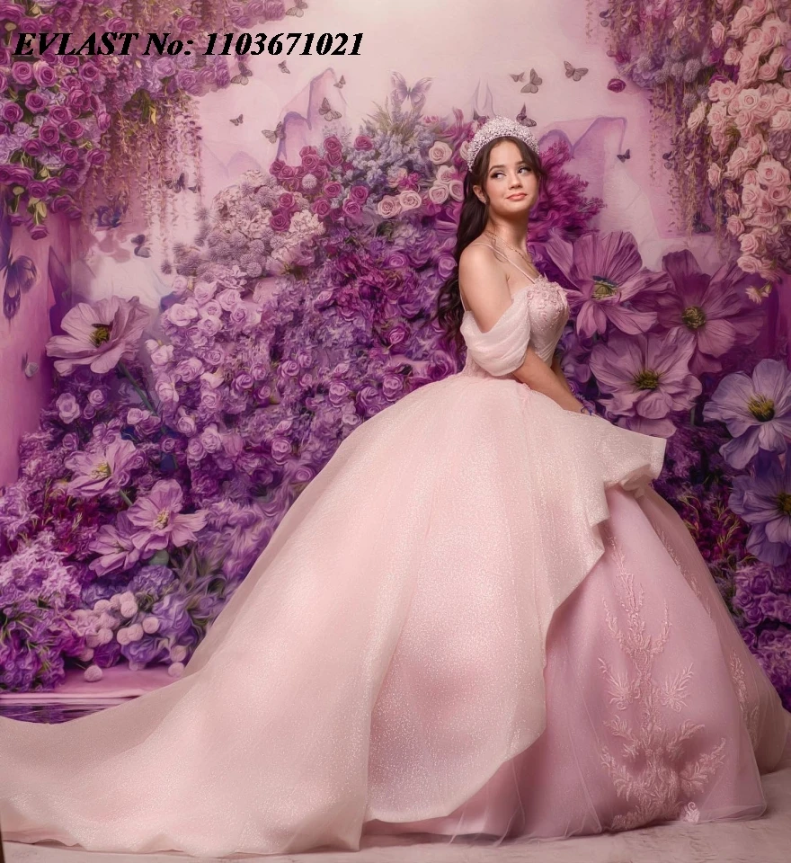 Evlast Prinses Roze Quinnceanera Jurk Baljurk Kanten Applique Kralen Diamant Gelaagd Korset Sweet 16 Vestidos De 15 Anos Sq509