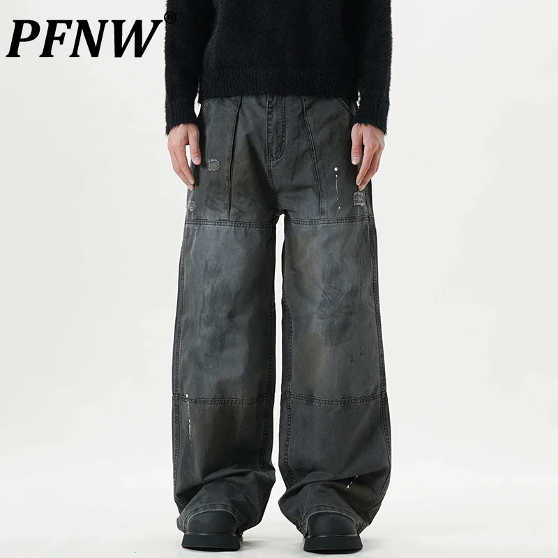 PFNW American Cleanfit Distressed Dirty Dye Lumberjack Denim Cargo Pants Men's Straight Loose Splash Casual Jeans Tide 12C1914