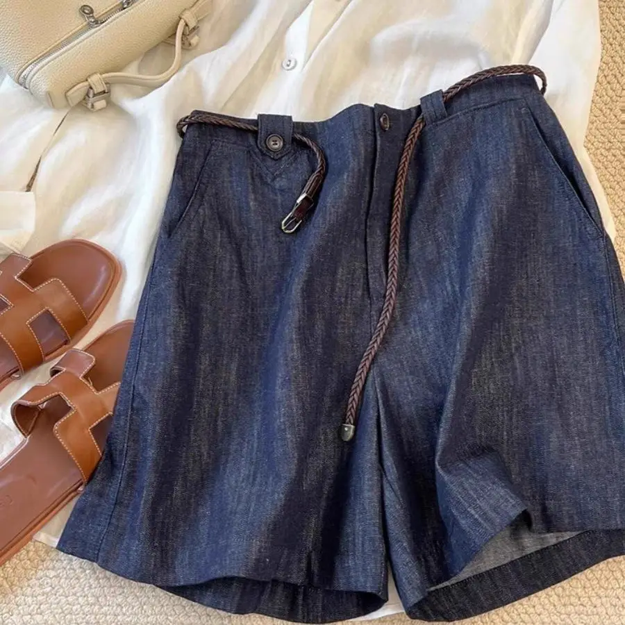Women's Linen Denim Shorts Damskie Lnice Dżinsy Casual High Waist Wide Leg Summer Shorts for Women