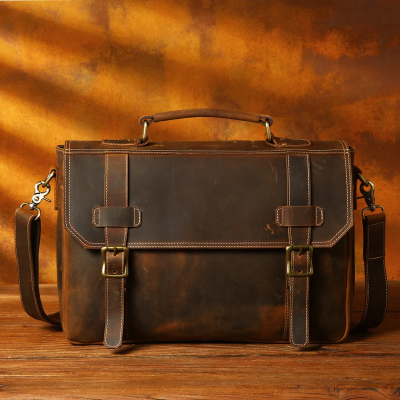 Handmade retro crazy horse leather handbag men's leather one-shoulder messenger bag computer Baotou leather briefcase