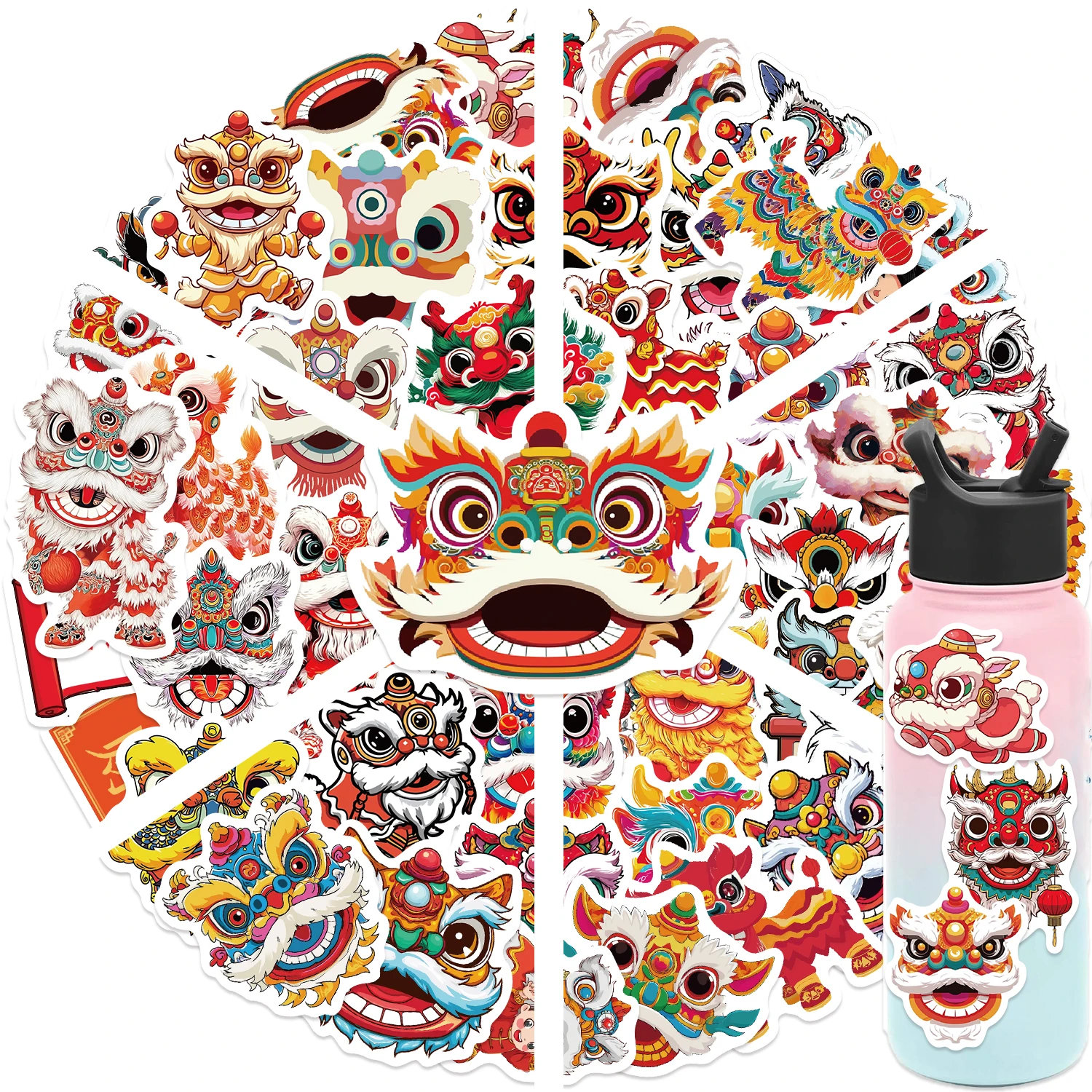 50pcs New Year Lion Dance Graffiti Stickers Suitable for Decorative Phone Cass, Water Cup, Guitars, Creative Waterproof Decals
