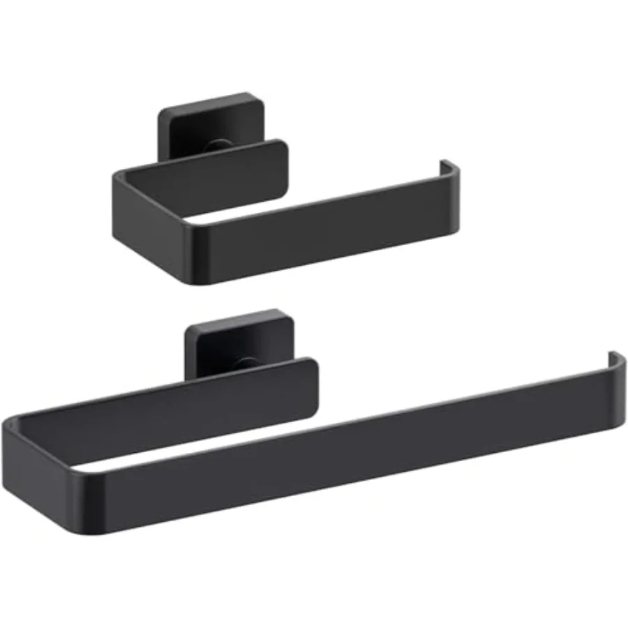 

Bathroom hardware set: wall-mounted towel bar and toilet paper holder, solid brass, matte black, rust-resistant modern square d