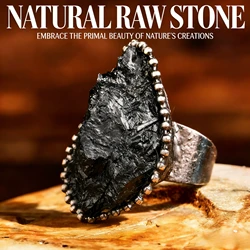 Raw Black Tourmaline Ring Antique Bronze Adjustable Ring Bohemian Gothic Style Finger Rings Daily Accessory Jewelry Unisex