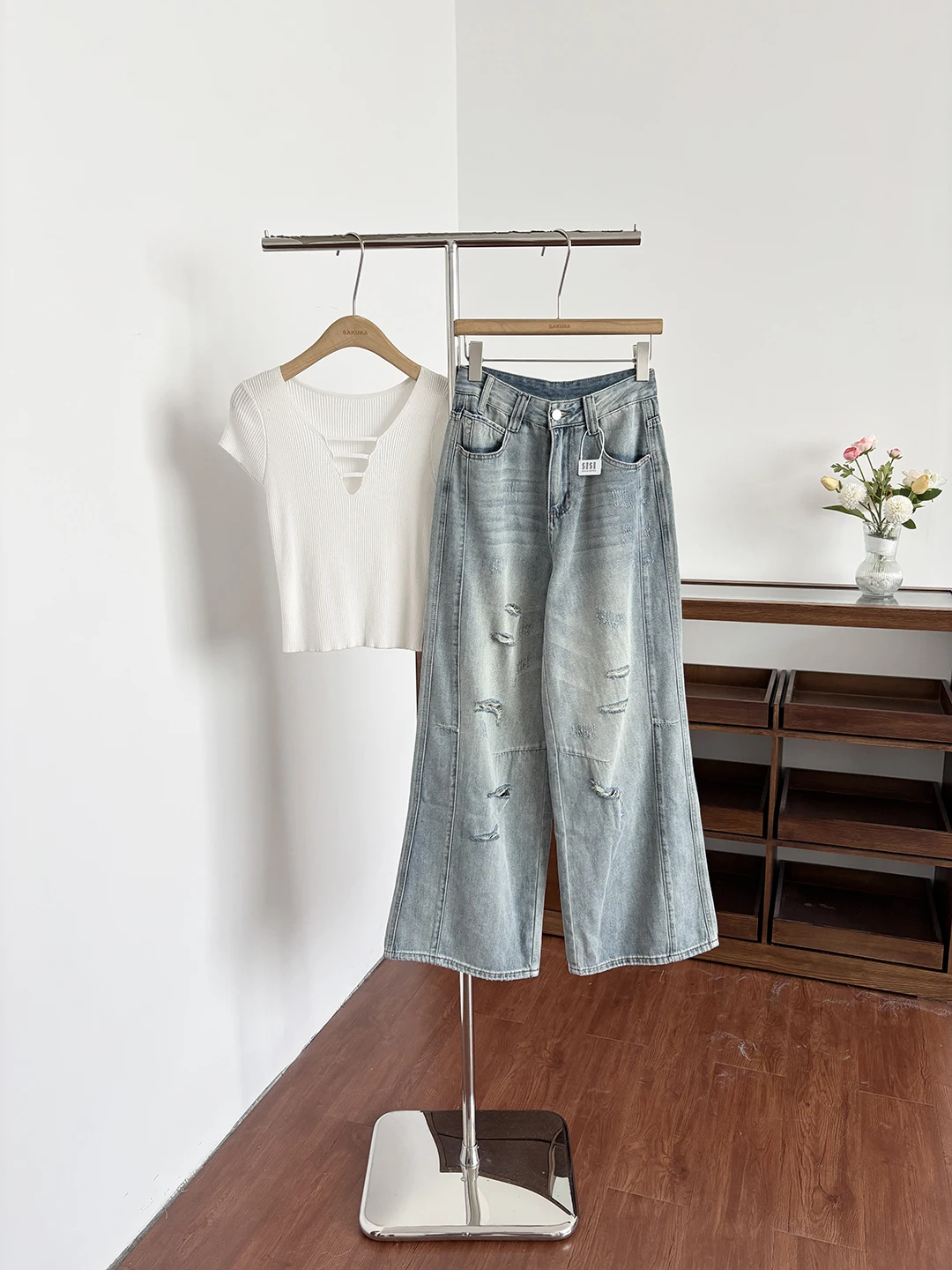 

Retro American Distressed Denim Jeans Women's High Waist Slimming Wide Leg Pants Summer New Style Versatile Loose Fit