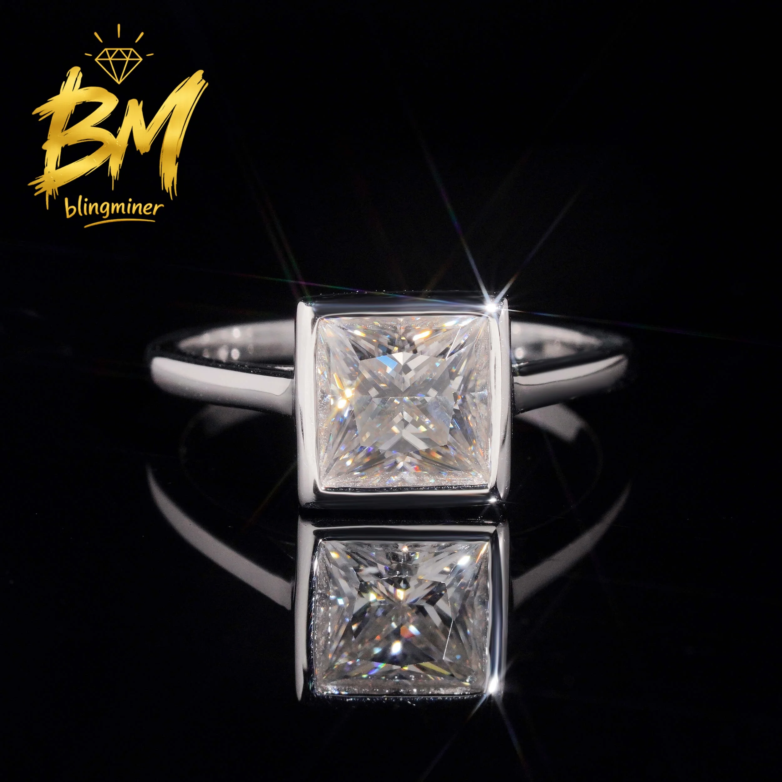 Blingminer 2CT Princess Cut S925 Silver VVS Moissanite Rings Engagement Wedding Women Finger Jewelry Pass Diamonds Free Shipping