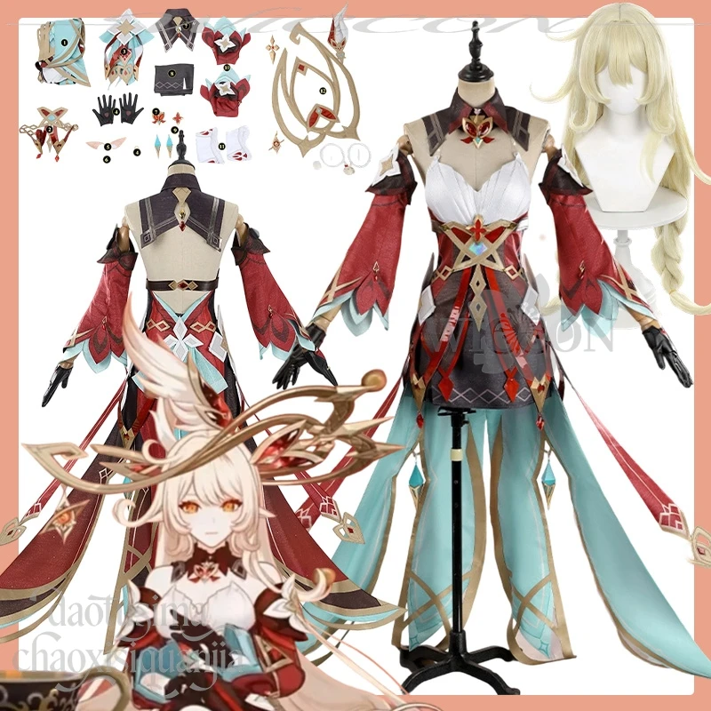 أليس تأثيري أنيمي لعبة Genshin تأثير زي قبعة الساحرة موحدة مقطورة طويلة مثير فستان أحمر الكرتون الباروكات هالوين عيد الميلاد