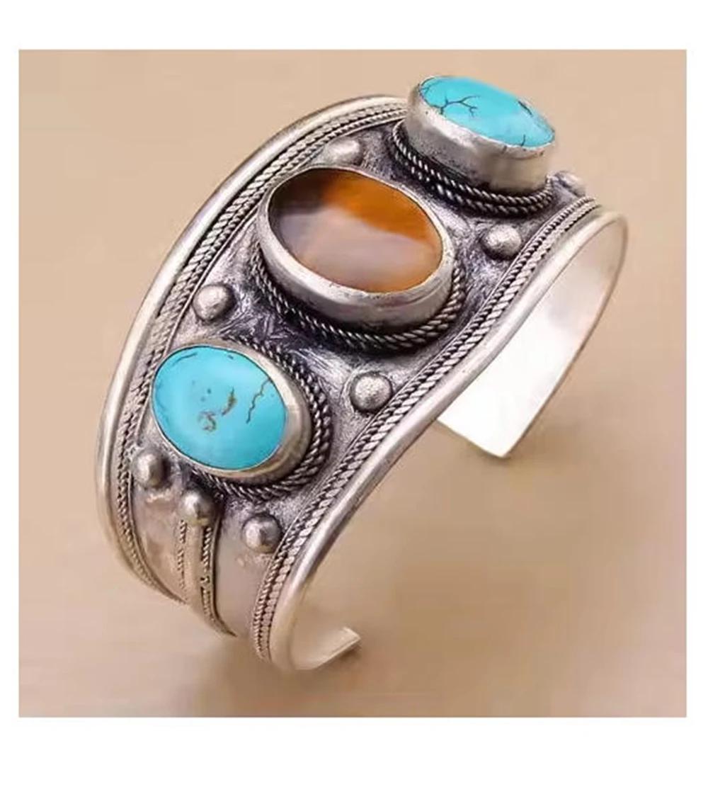 Turquoise Oval 3 beads Tibetan Silver cuff bracelet Adjustable Size Jewelry for Women Girls or Men's
