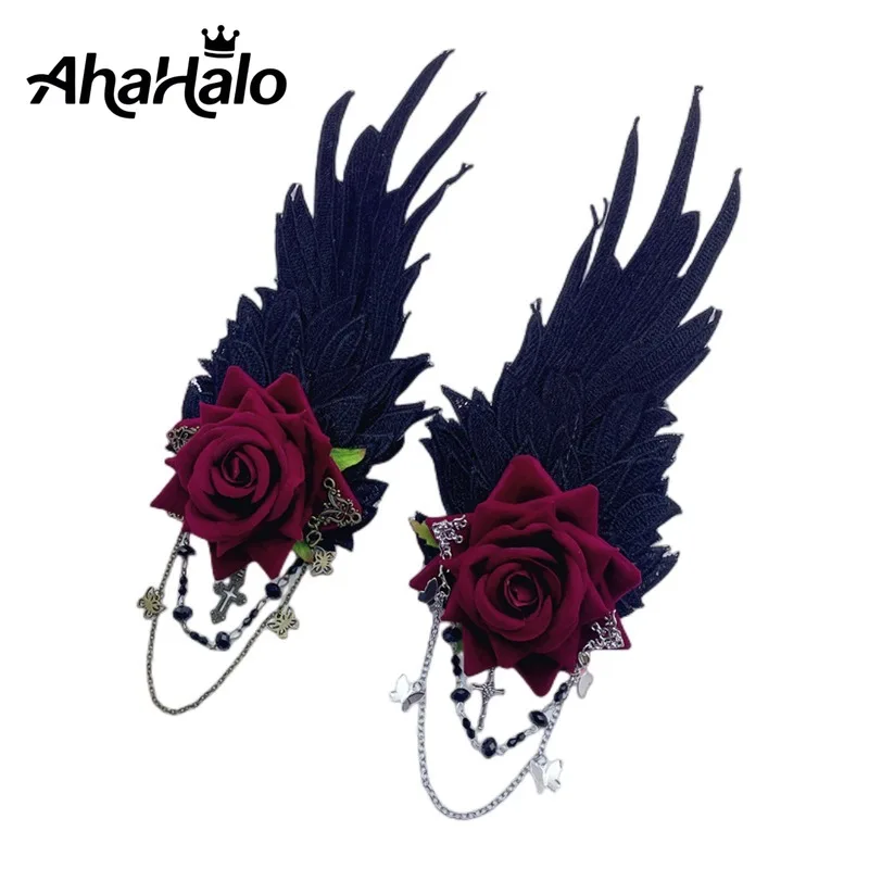 Presilhas de cabelo com asas de anjo, flores vermelhas, presilha de renda, penas, gótico, lolita, cosplay, acessórios para cabelo, para mulheres e meninas