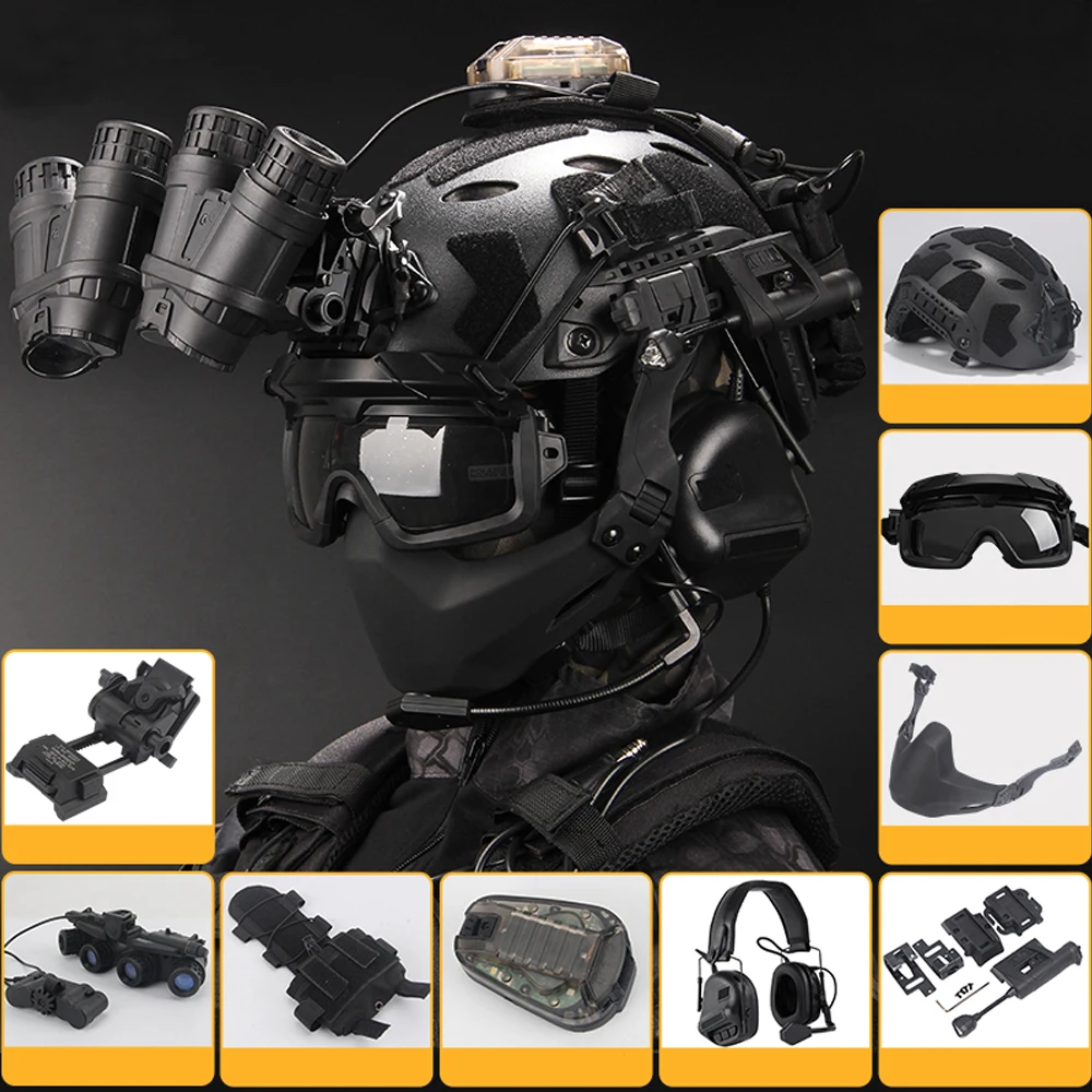 

Tactical Airsoft Helmet Set, with Headset Night vision Goggles Signal Lights For Outdoor Sport Hunting Paintball Shooting