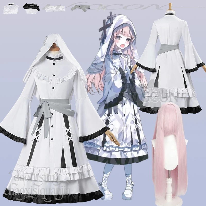 Hikami Meruru Cosplay Anime  Game Mahou Shoujo No Majo Saiban Costume White Nun Sweet Lolita Lace Dress Wigs Hat Halloween Cos