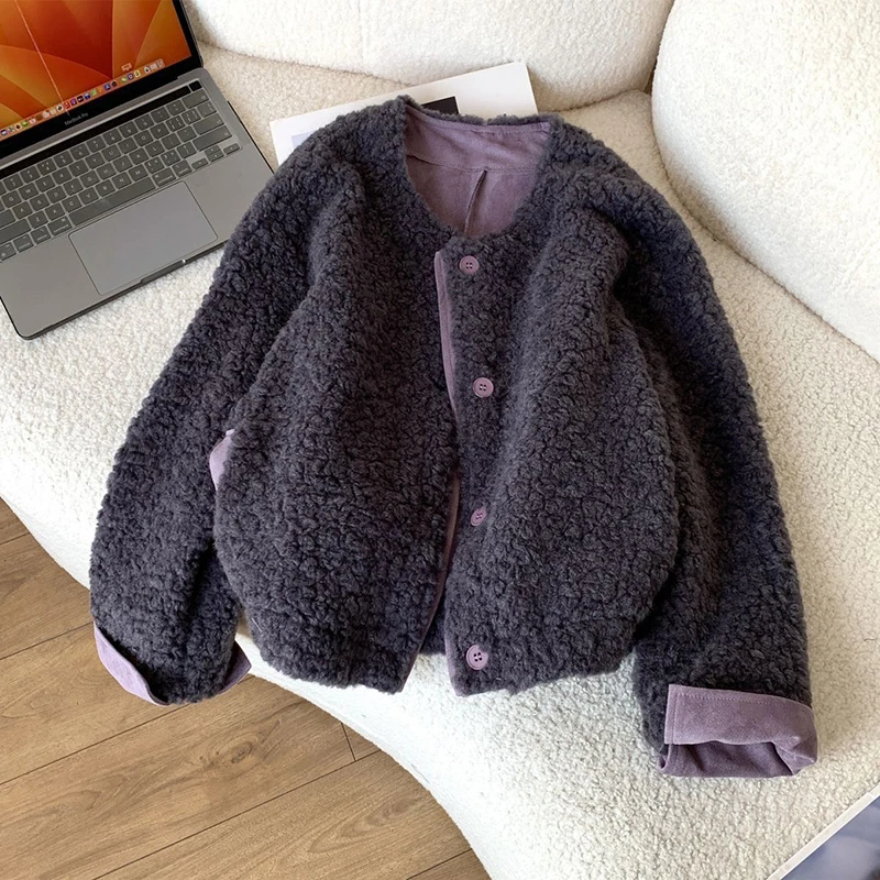MEXZT Lamb Wool Coats Women Fashion Cropped Suede Patchwork Jackets Winter Korean Long Sleeve Pockets Design Furry Outerwears