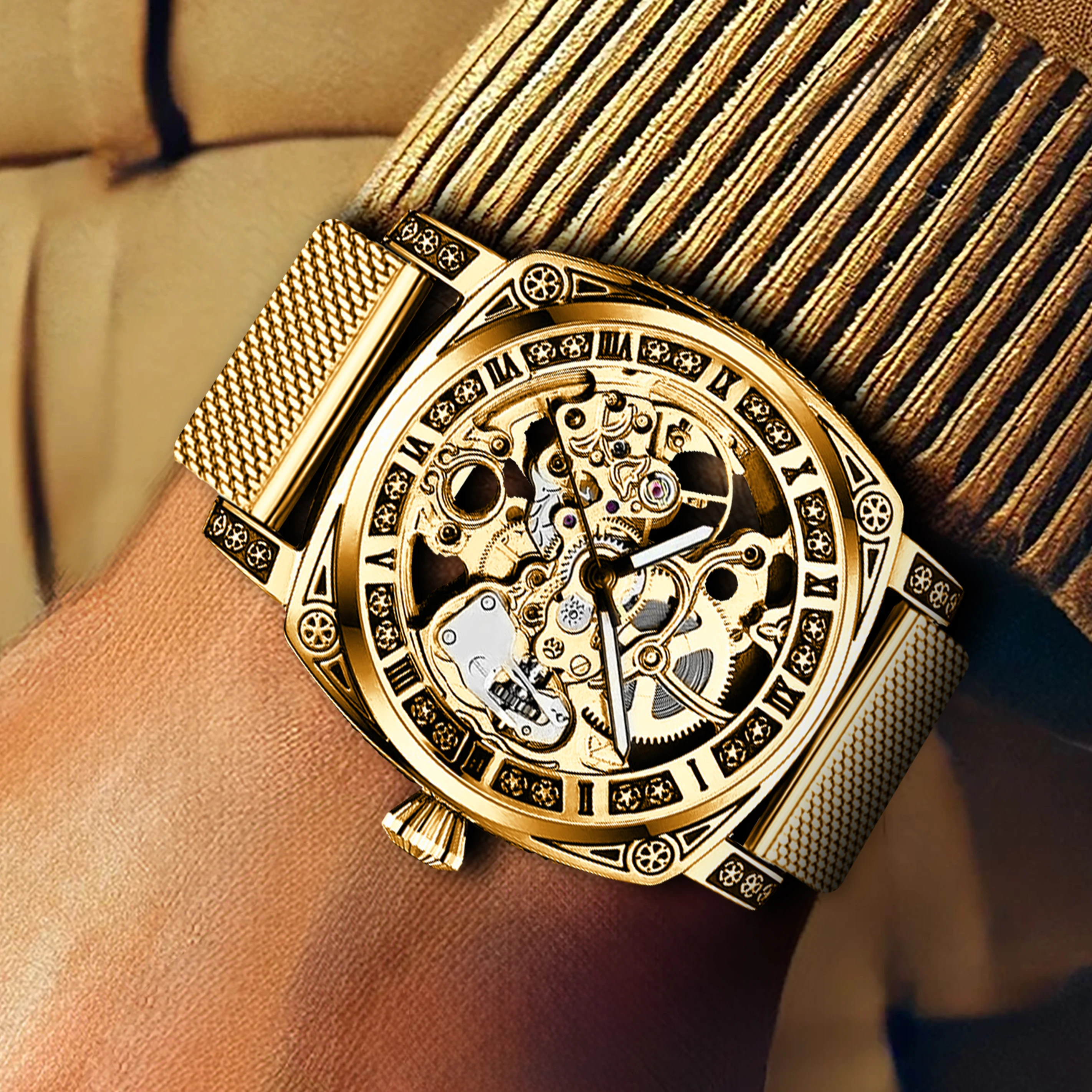 New men\'s watch with hollowed out carving design, high-end fashion disc gold mesh belt, men\'s fully automatic mechanical watch