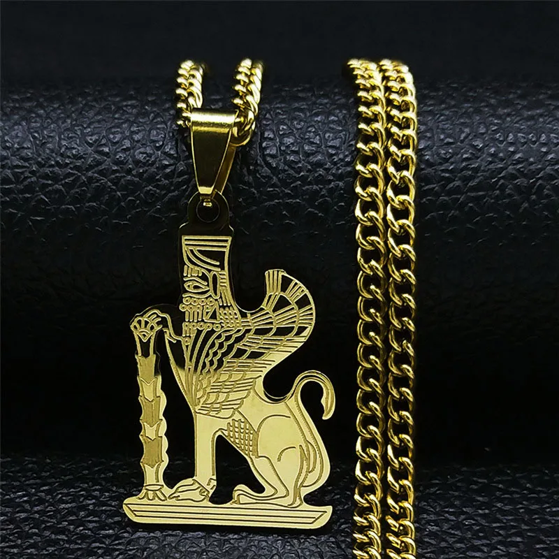 Hip Hop Mazda Culture Iran Lion Pendant Necklace Stainless Steel Persian Empire Necklace Zoroastrianism Sphinx Jewelry N3441S05