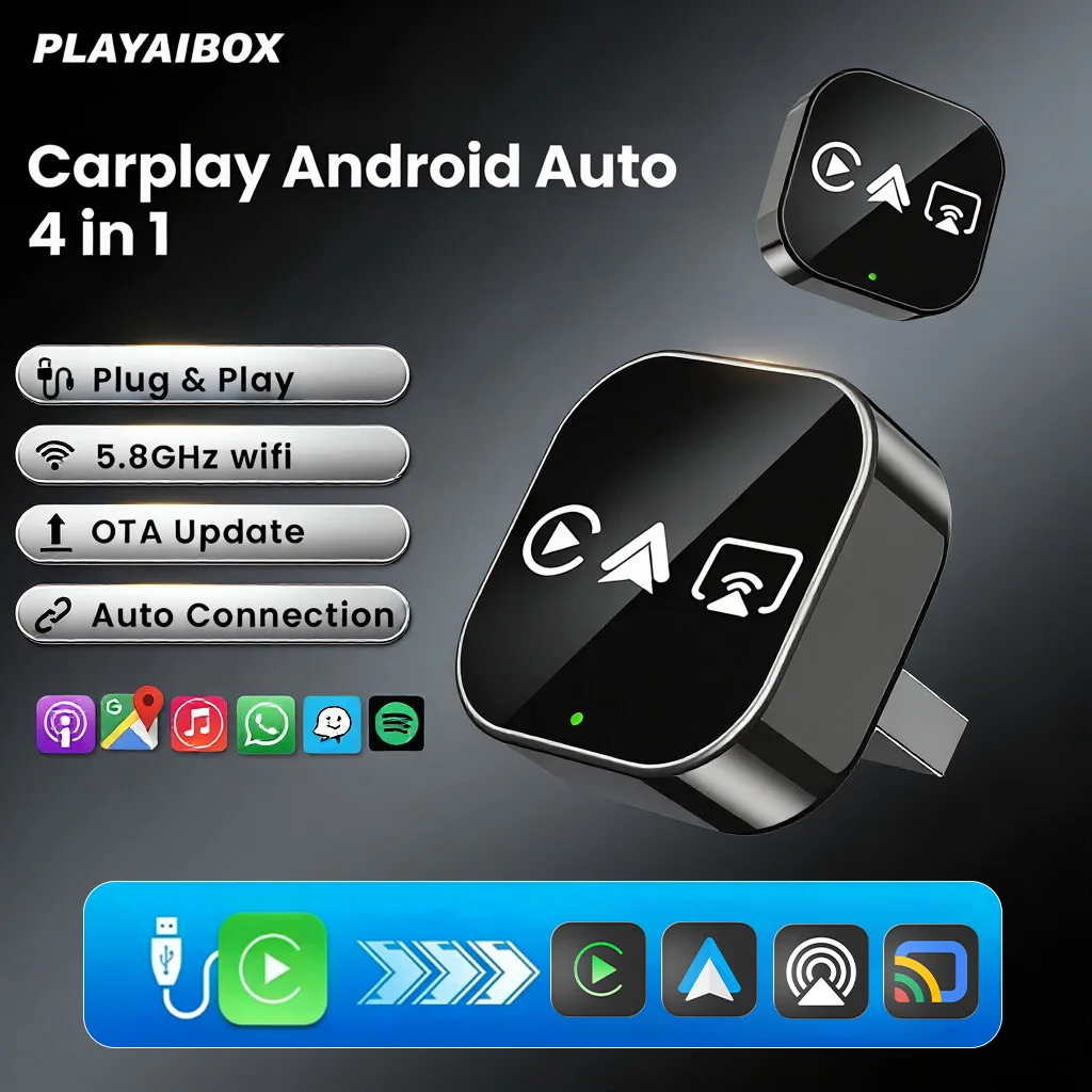 

4 in 1 Wireless CarPlay Android Auto Adapter with Screen Mirroring for Apple&Android Smart AI Box USB Plug and Play Auto Connect