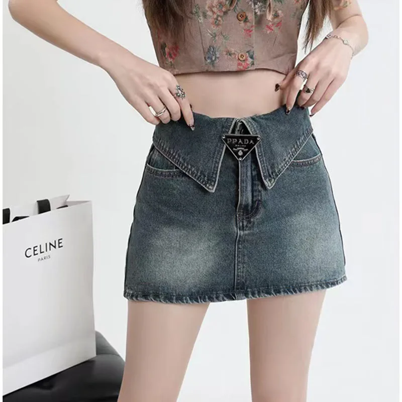 

Y2K High Waist Denim Mini Skirt Women Summer Vintage Blue Korean Button Zipper Slim A Line Skirts Streetwear Casual Jean Skirts