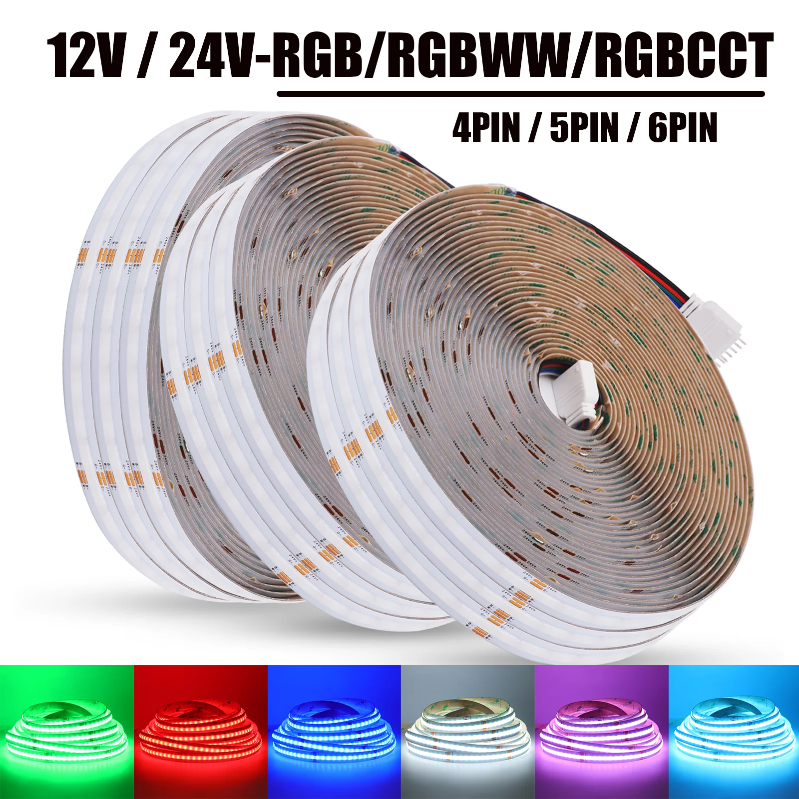 12V 24V COB LED Strip RGB RGBW RGBWW RGBCCT High Bright Dotless Flexible 784/840 LEDs/M Indoor Home Decor Diode Rope Light