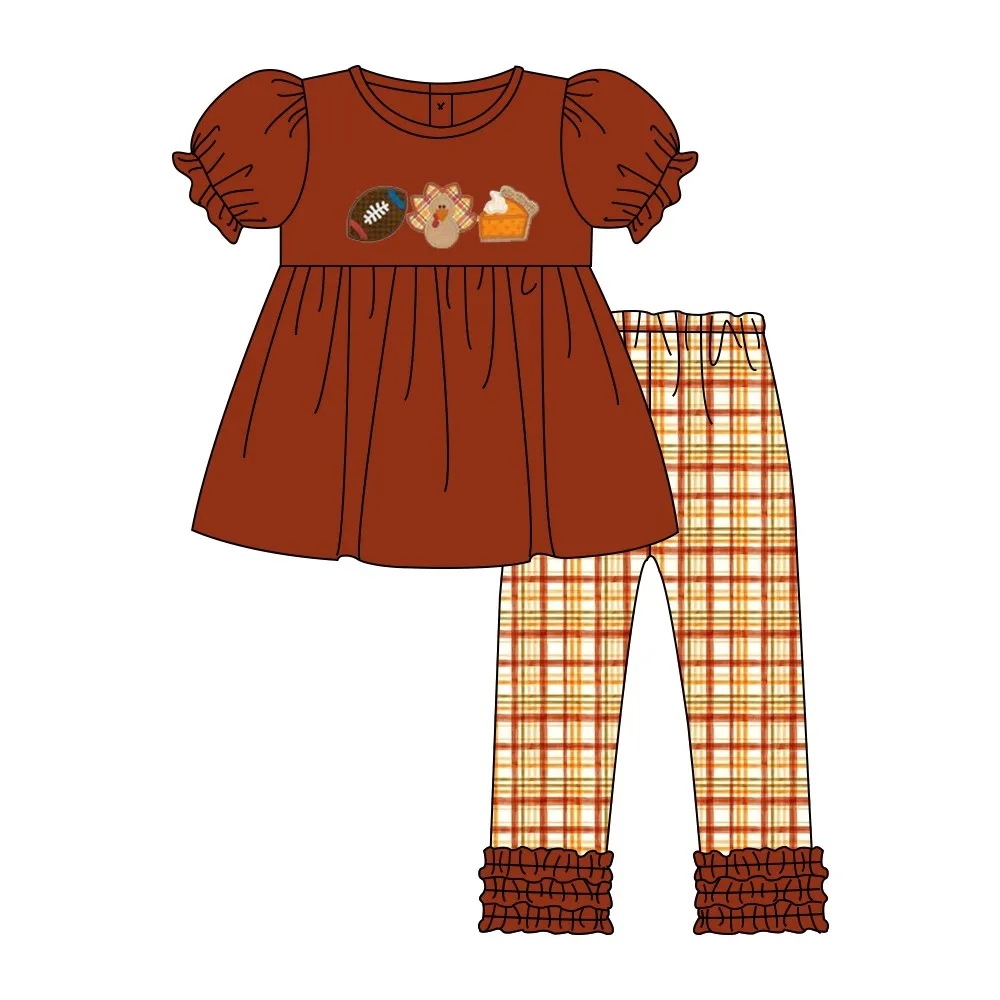 Baby New Cotton Short Sleeve T-shirt Set Round Neck Thanksgiving Turkey Embroidery Boy Brown Top Clothes And Lattice Girl Pants