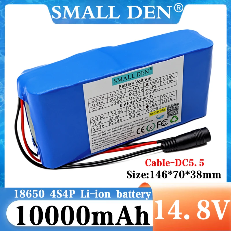 

4S4P 14,8 В, 10 Ач, 18650, литиевый аккумулятор, встроенный BMS 10 А, фонари для ночной рыбалки, динамики, радиоприемники, аккумулятор 14 В + зарядное устройство 6,8 В, 2 А